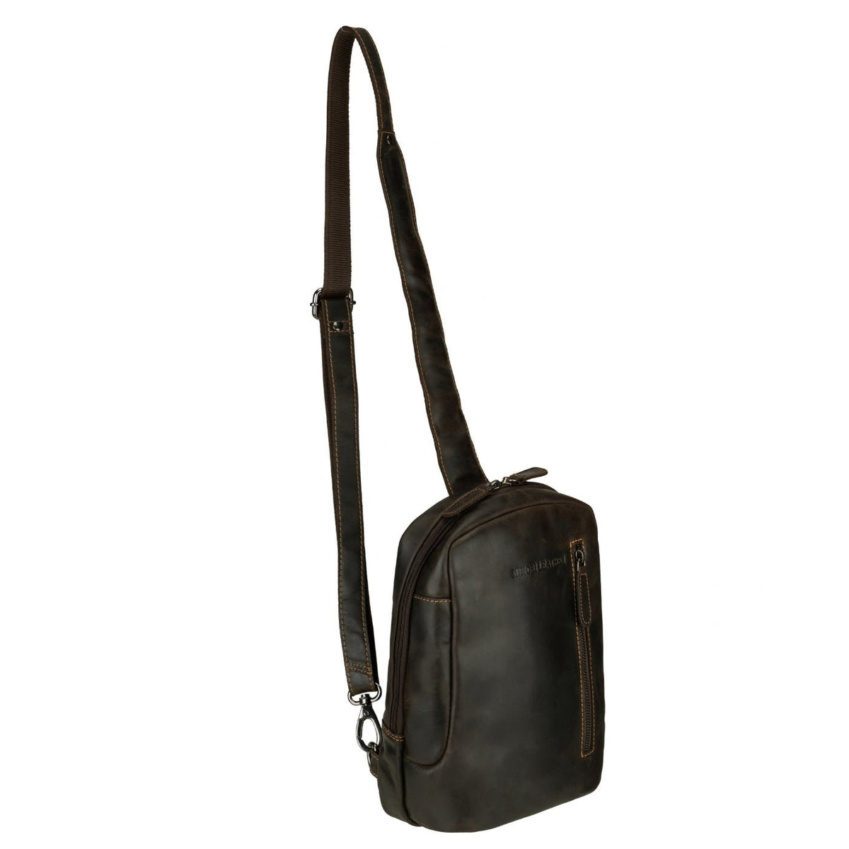 Brown Luxe Leather Sling Bag by Minori Leather, stylish crossbody bag with sleek design and adjustable strap.