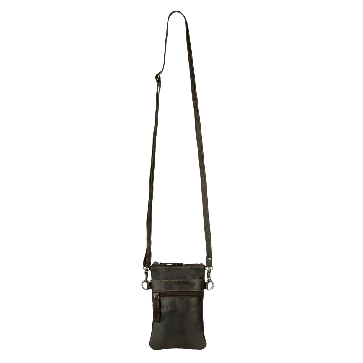 Minori Leather Ashford leather sling bag in brown, unisex design with adjustable strap and spacious interior for everyday use.