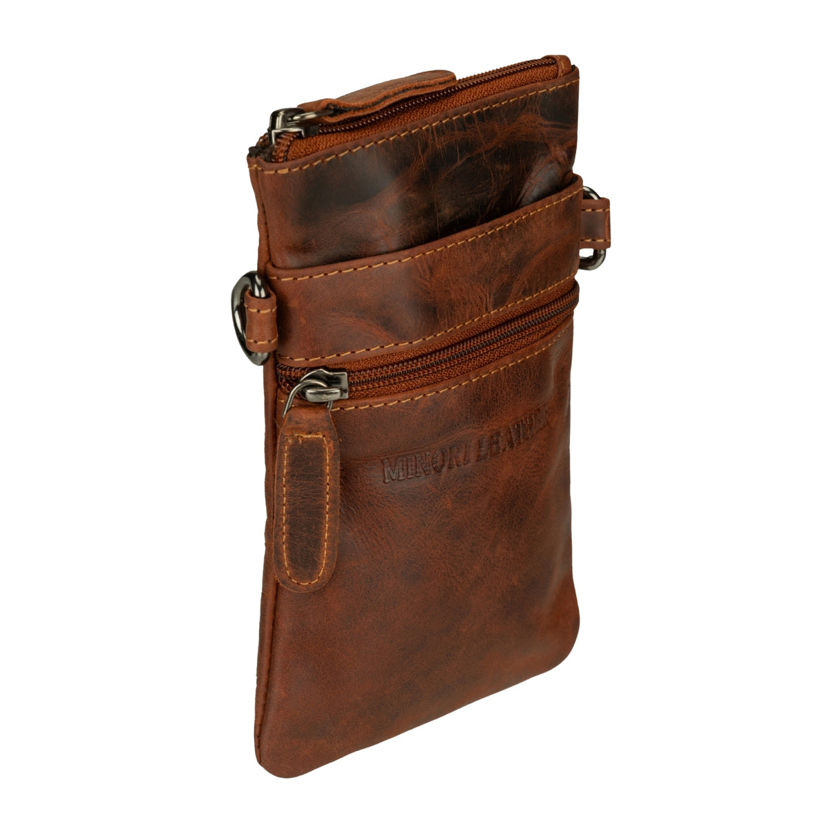 Minori Leather Ashford leather sling bag in chestnut color, unisex design with adjustable strap and classic style.