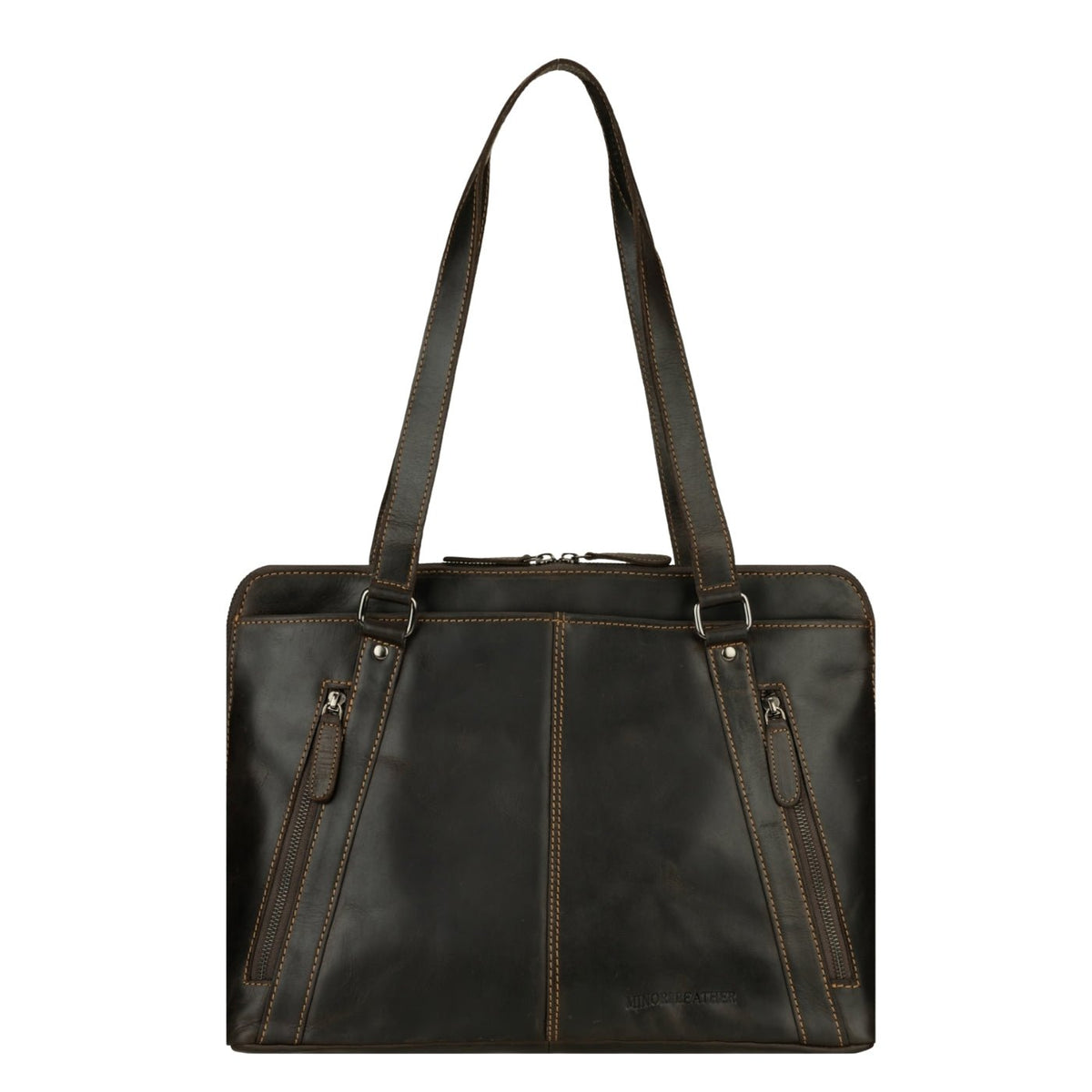 Minori Leather Camille leather laptop tote bag with sturdy handles and spacious interior for carrying laptops and essentials.