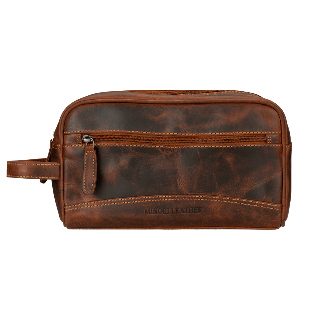 Leather men's toiletry bag in chestnut from Minori Leather, featuring a durable, premium leather design with a zip closure.