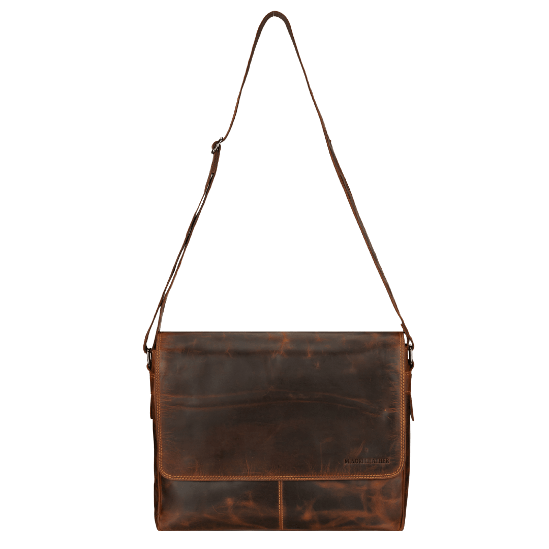 Richmond Full Grain Leather Laptop Messenger Bag 16 Inch for Men, Work Bag, Chestnut - Minori Leather