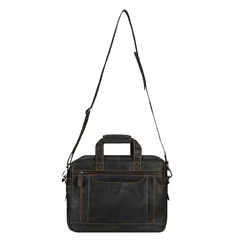 Minori Leather Seattle 14-inch brown leather briefcase bag, unisex design with sturdy handles and classic style.