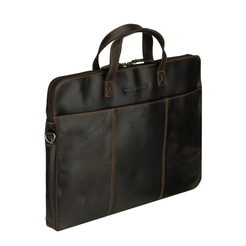Minori Leather Atlas 14-inch brown leather laptop sleeve, unisex design with a sleek, durable exterior and soft interior lining.
