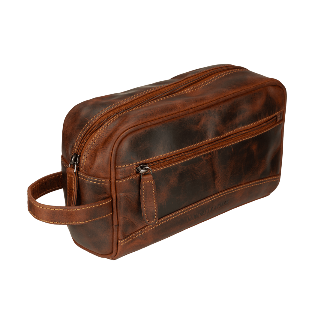 Premium Leather Toiletry Bag for Men – Montana – Chestnut - Minori Leather