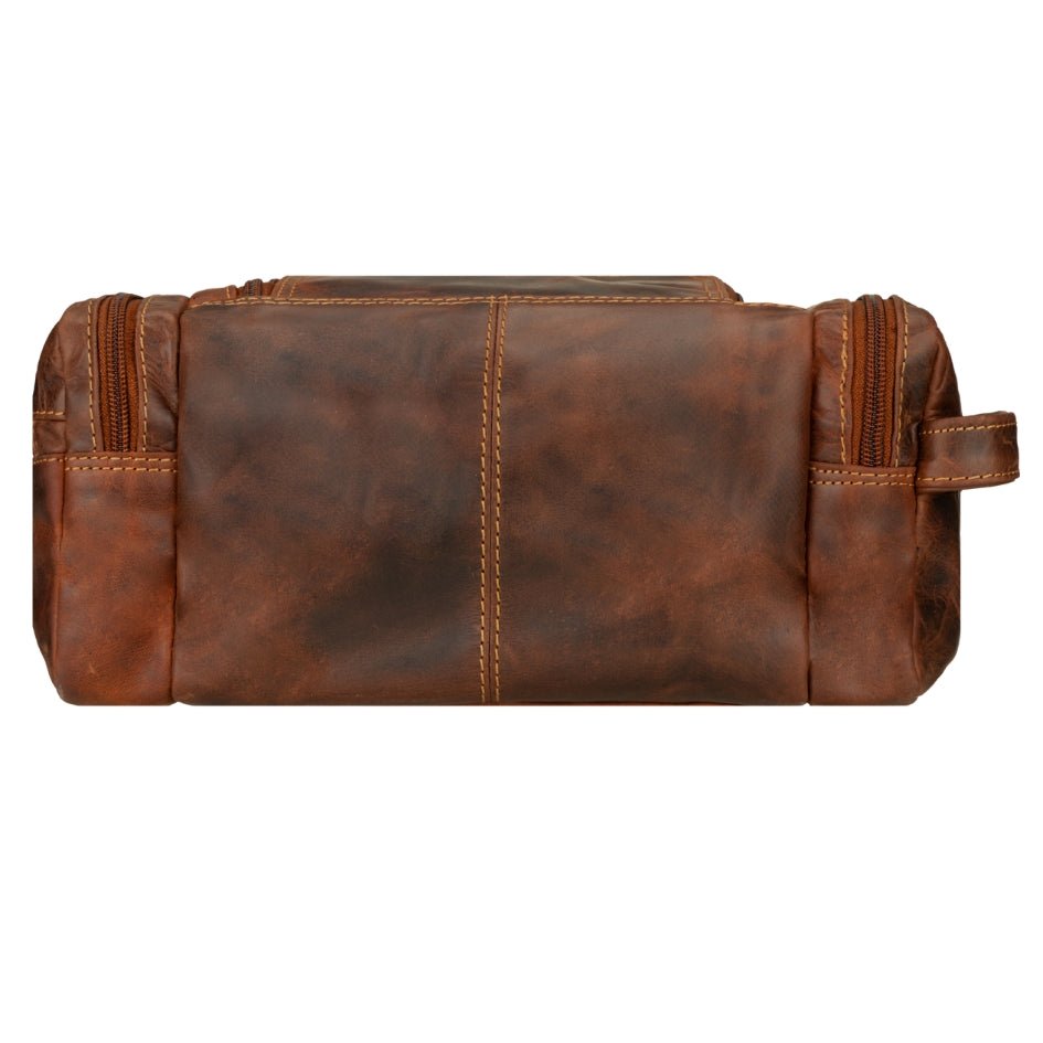 Minori Leather Winston Chestnut leather toiletry bag with zipper closure, compact Dopp kit for men's grooming essentials.
