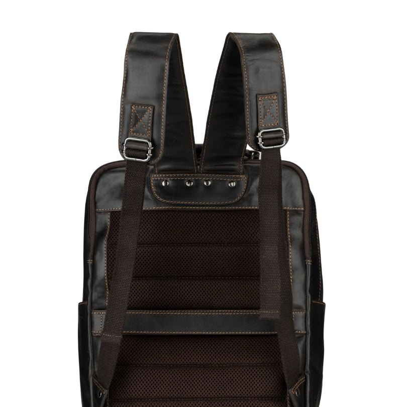 Brown Orlando Leather Backpack by Minori Leather, 16-inch unisex backpack with adjustable straps and spacious interior.