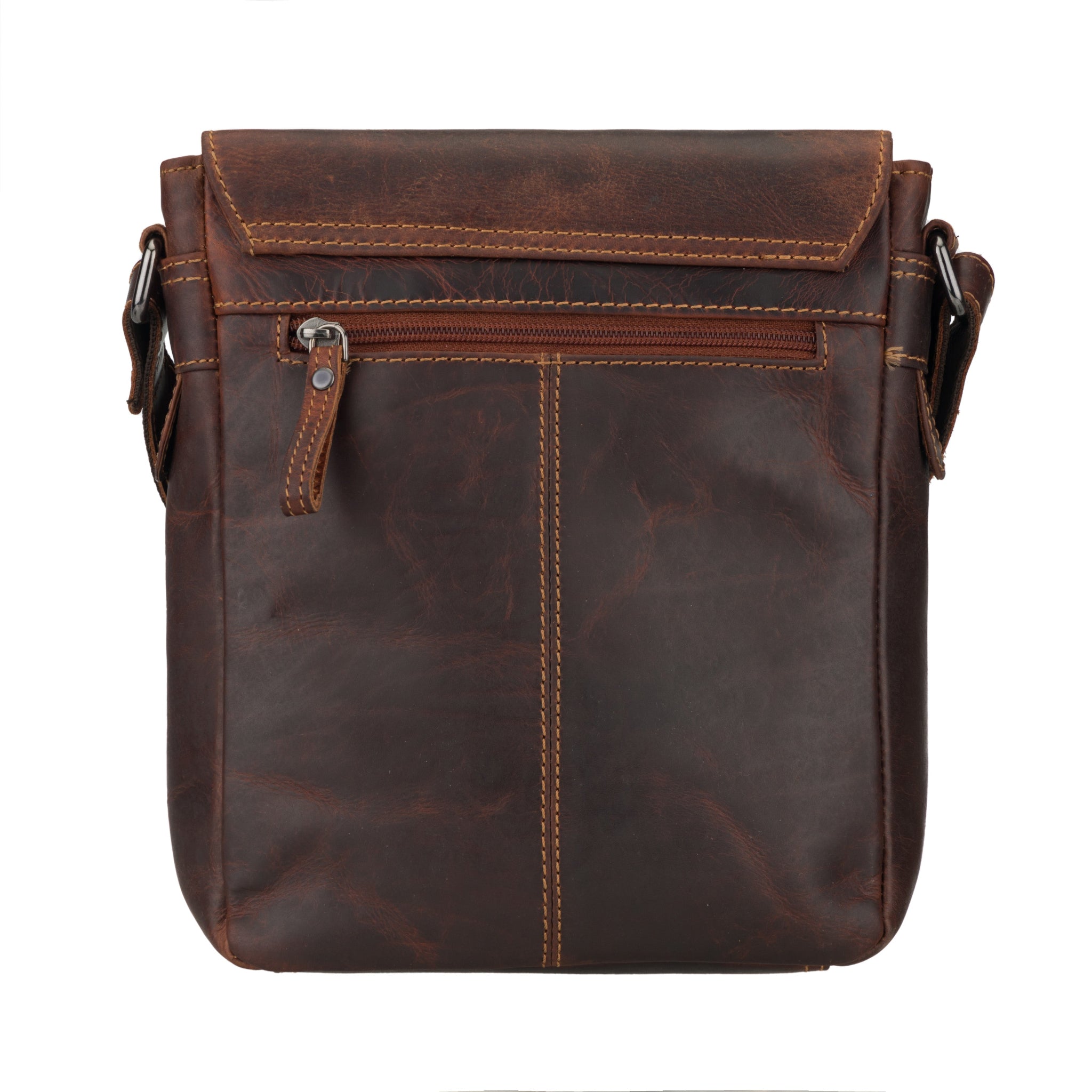 Back view of the chestnut brown Minori leather crossbody bag with a rear zipper pocket.