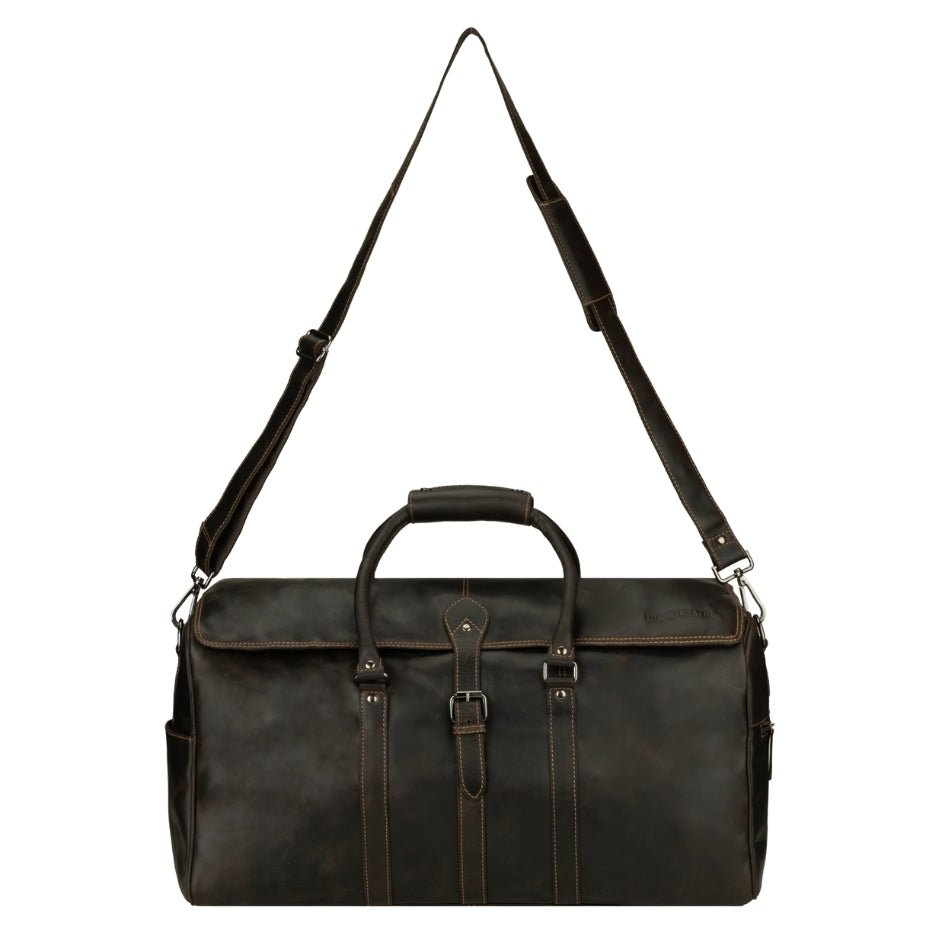 Minori Leather Miami Brown Leather Weekender Duffle Bag with shoulder strap and sturdy handles on a plain background.