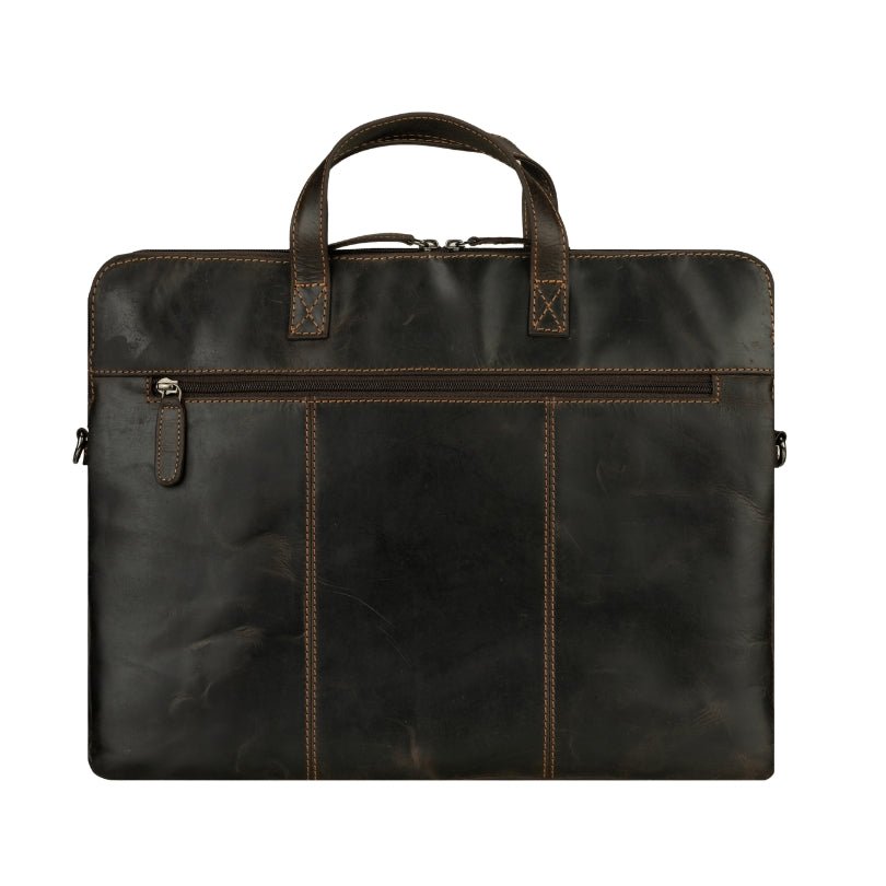 Brown Minori Leather Atlas 14-inch unisex laptop sleeve with smooth leather exterior and subtle stitching details.
