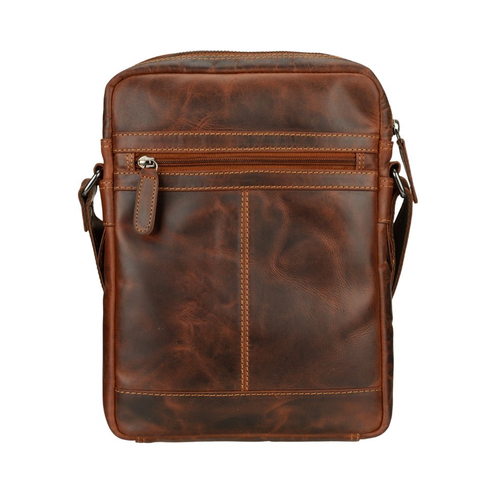 Minori Leather Denver Leather Crossbody Bag in chestnut, unisex design with adjustable strap and sleek leather finish.