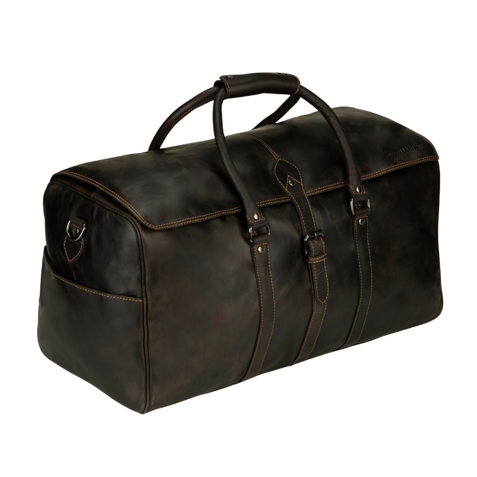 Brown Miami Leather Weekender duffle bag by Minori Leather with sturdy handles and spacious interior in a stylish leather design.