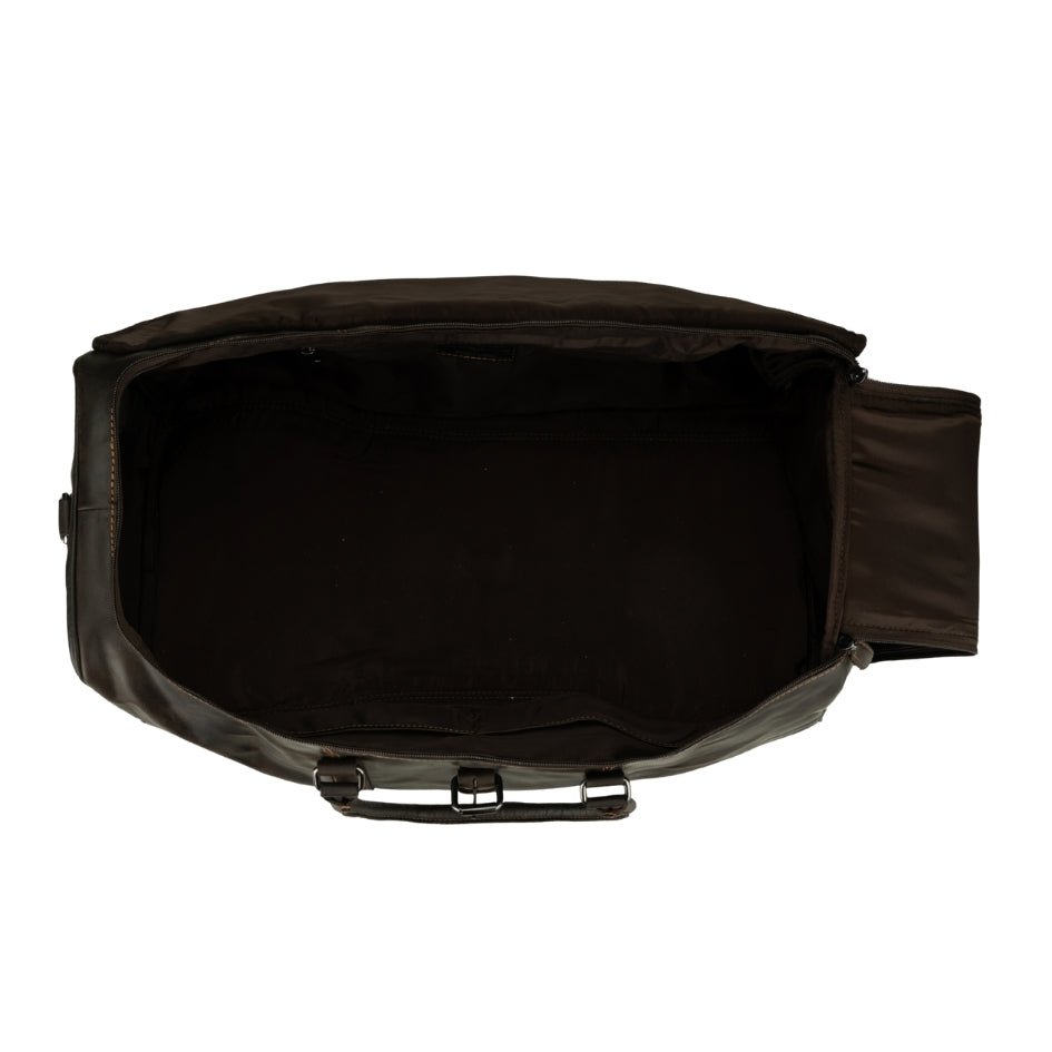 Brown Miami Leather Weekender duffle bag by Minori Leather, featuring sturdy handles and spacious interior for travel.