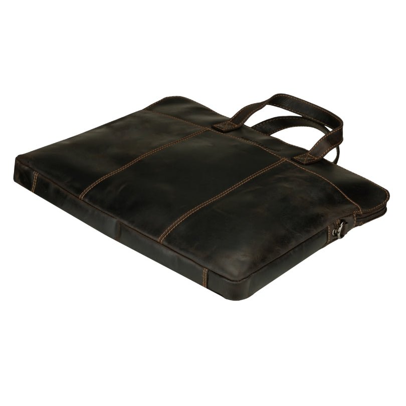 Minori Leather Atlas 14-inch brown leather laptop sleeve with sleek, unisex design and smooth finish.