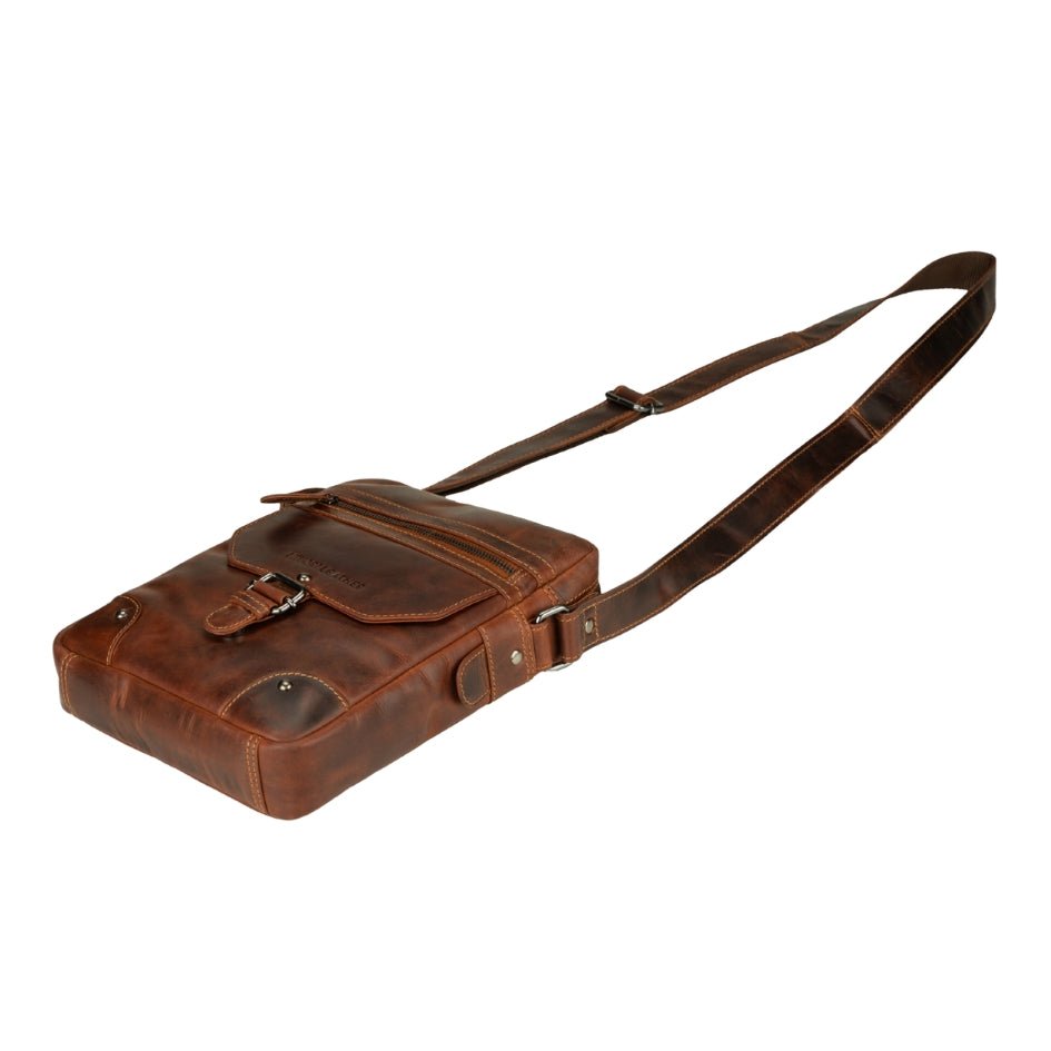 Minori Leather Denver Leather Crossbody Bag in chestnut, unisex design with adjustable strap and sleek leather finish.