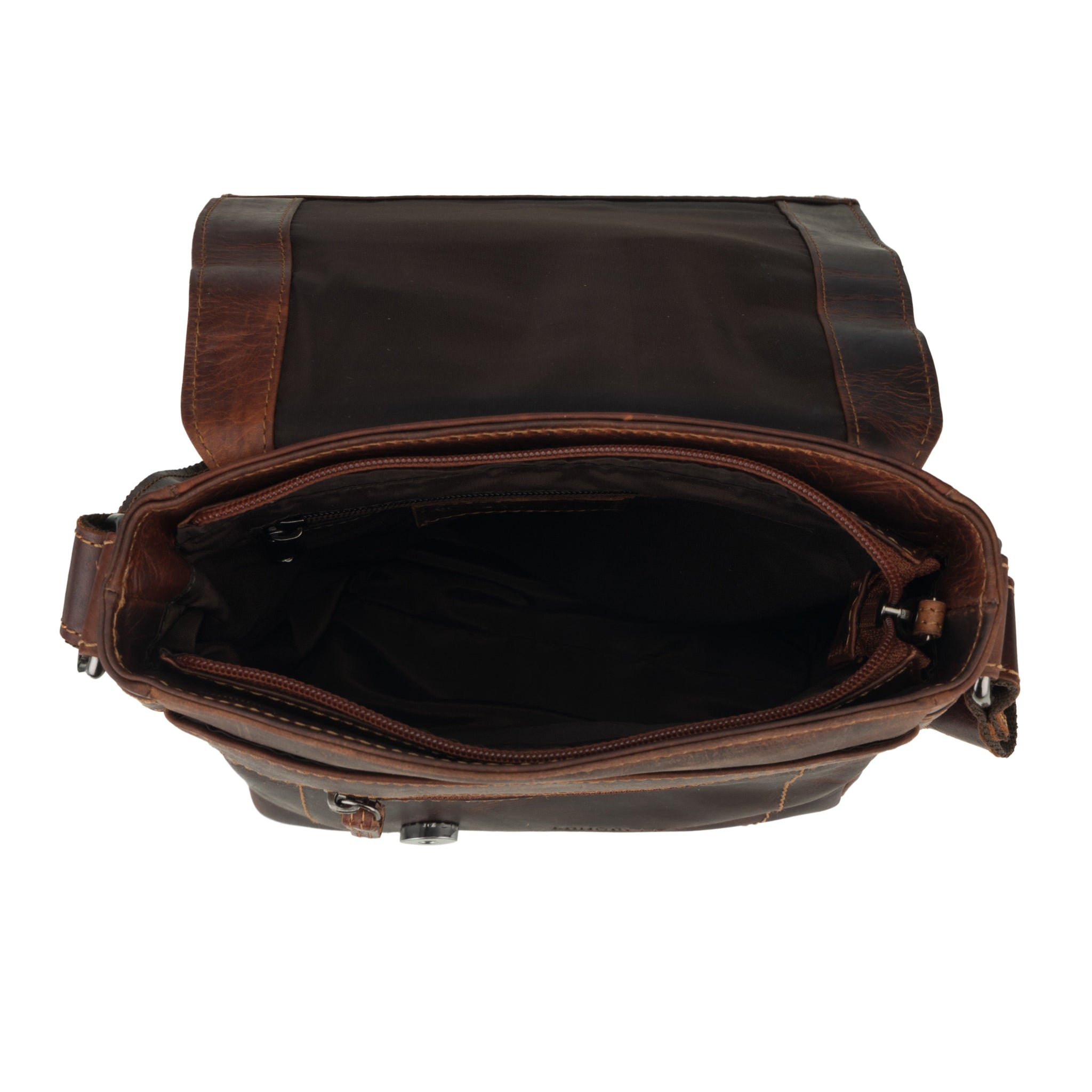 Top view inside the chestnut brown Minori leather crossbody bag displaying inner compartments.