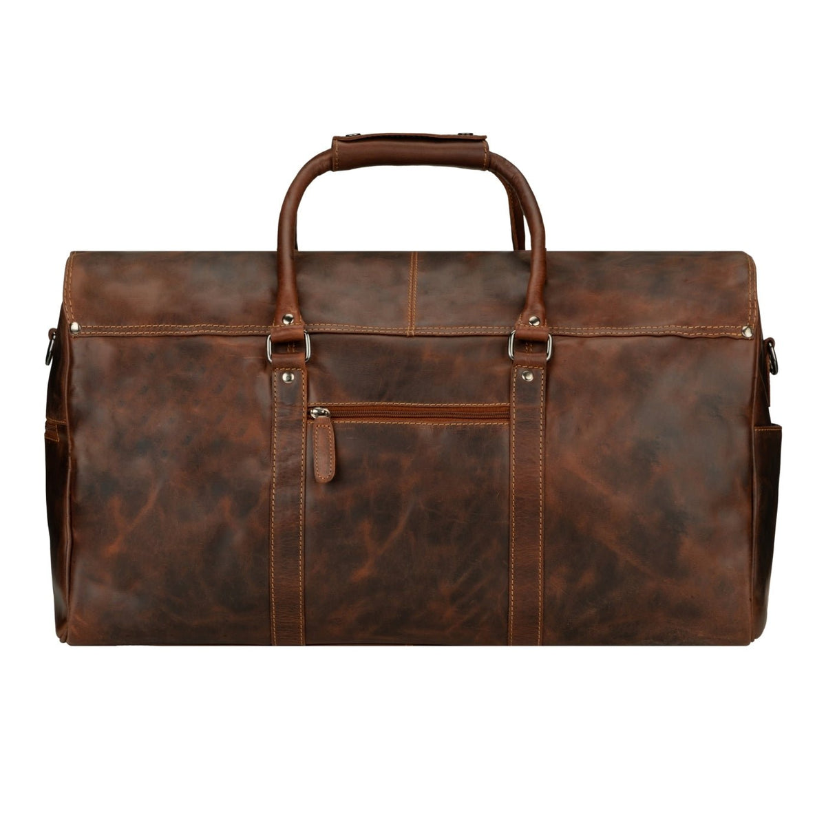 Unisex Miami Leather Weekender Duffle Bag by Minori Leather in chestnut leather, showcasing sturdy handles and spacious design.