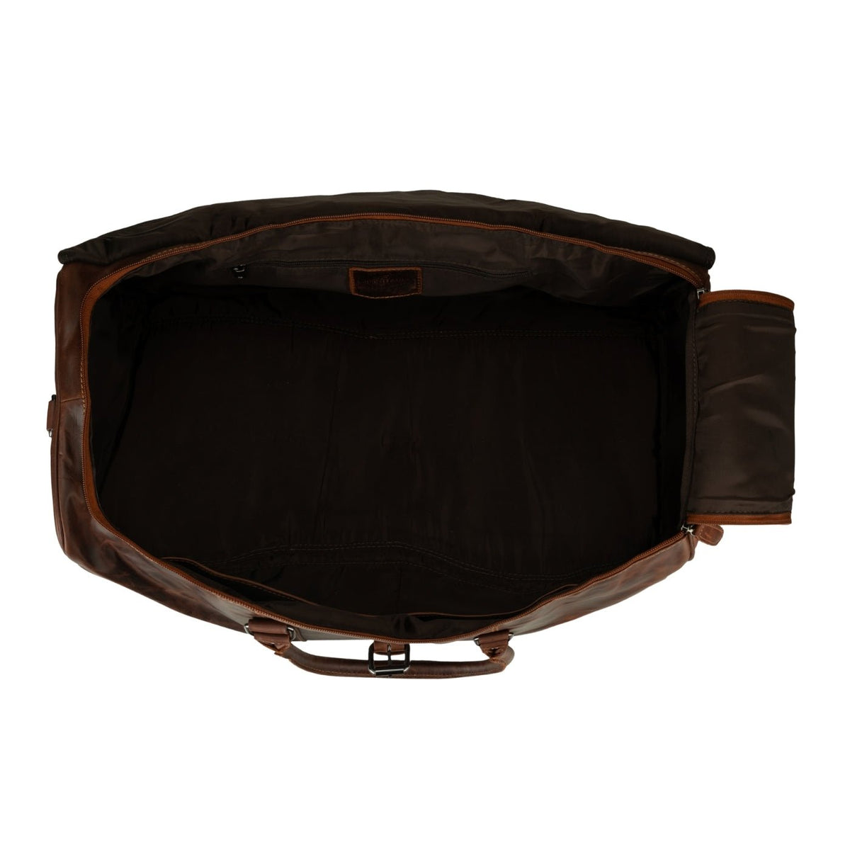 Unisex Miami Leather Weekender Duffle Bag by Minori Leather in chestnut with sturdy handles and spacious interior.