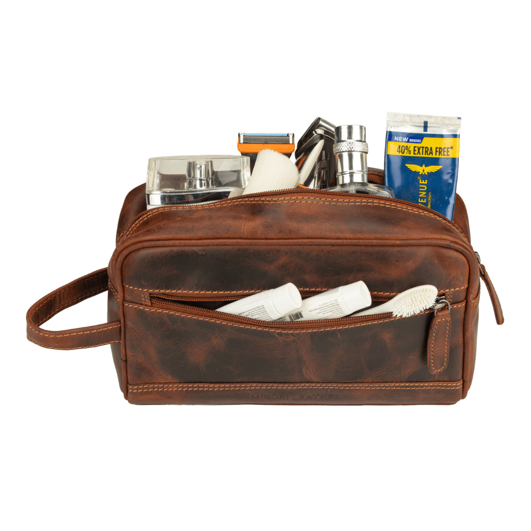 Premium Leather Toiletry Bag for Men – Montana – Chestnut - Minori Leather