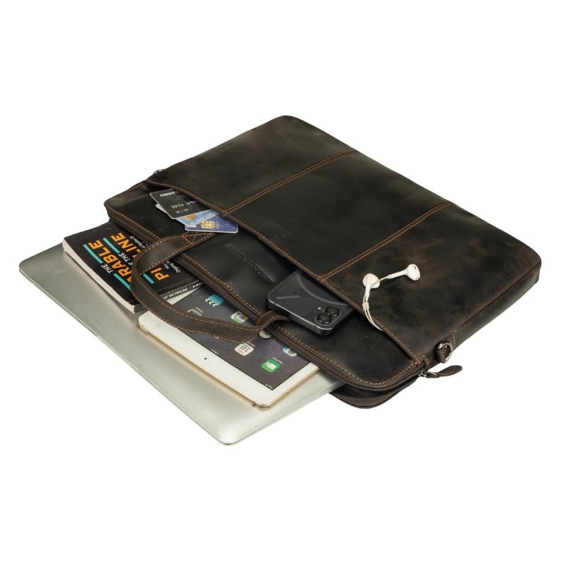 Brown Minori Leather Atlas 14-inch unisex laptop sleeve with sleek leather design and minimalist style.