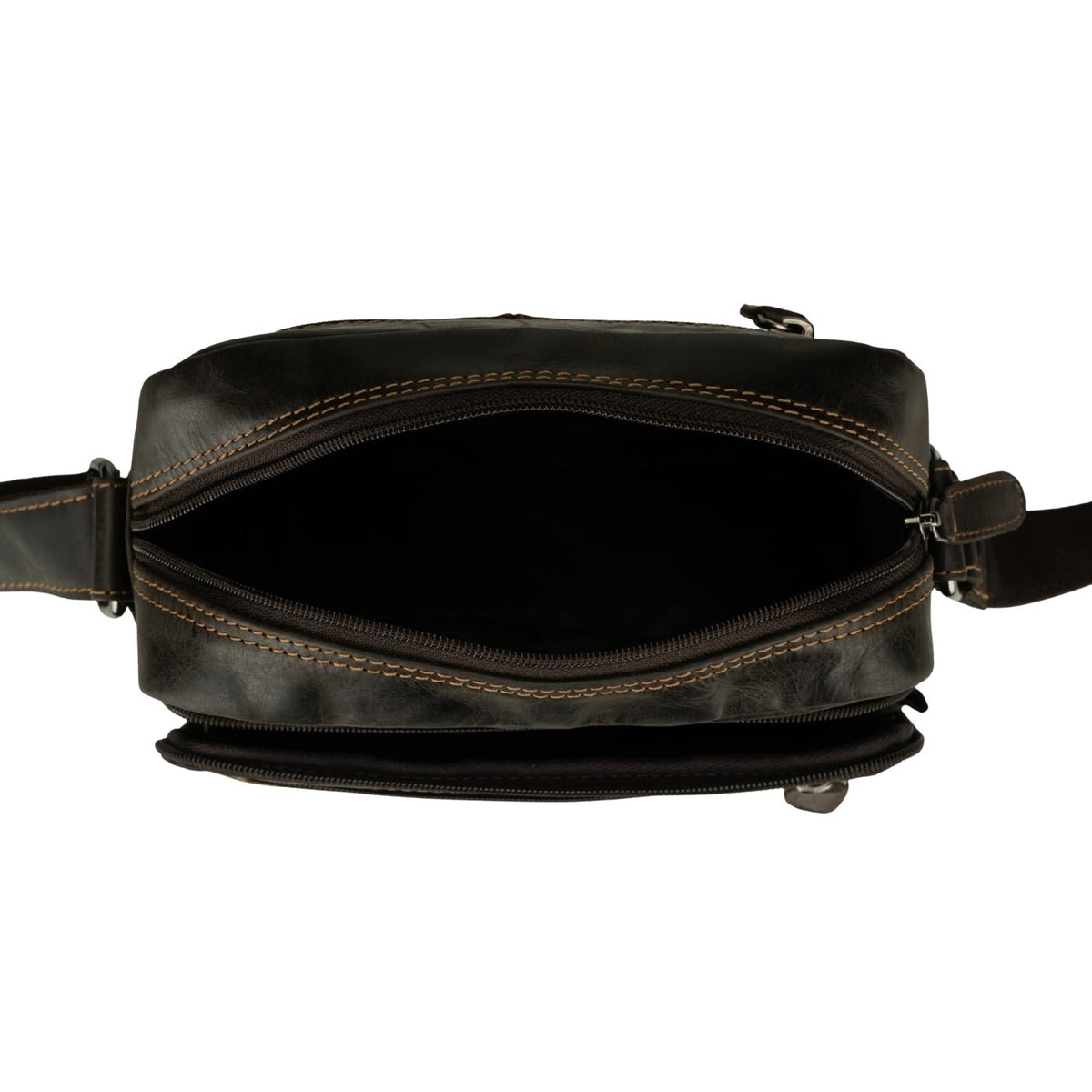 Minori Leather Harbor brown leather crossbody messenger bag showing adjustable strap and sleek design.