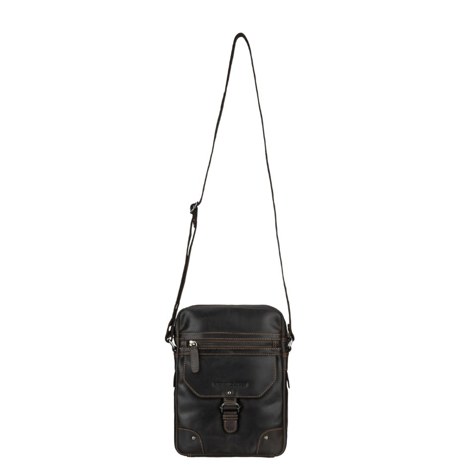 Brown Denver leather crossbody bag by Minori Leather, unisex design with adjustable strap and sleek, durable leather finish.