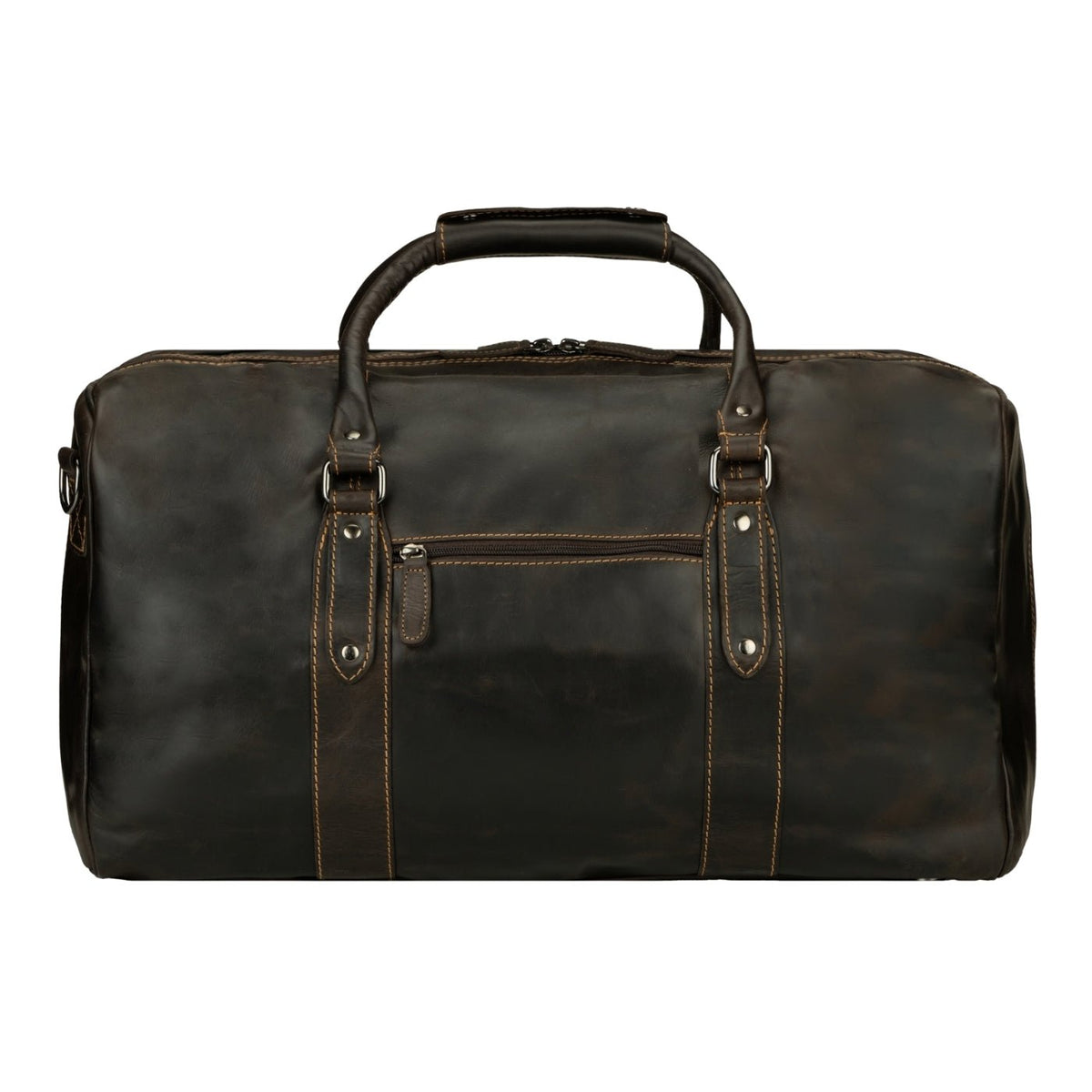 Brown Riley Leather Duffle Bag by Minori Leather showing sturdy leather handles and spacious main compartment.