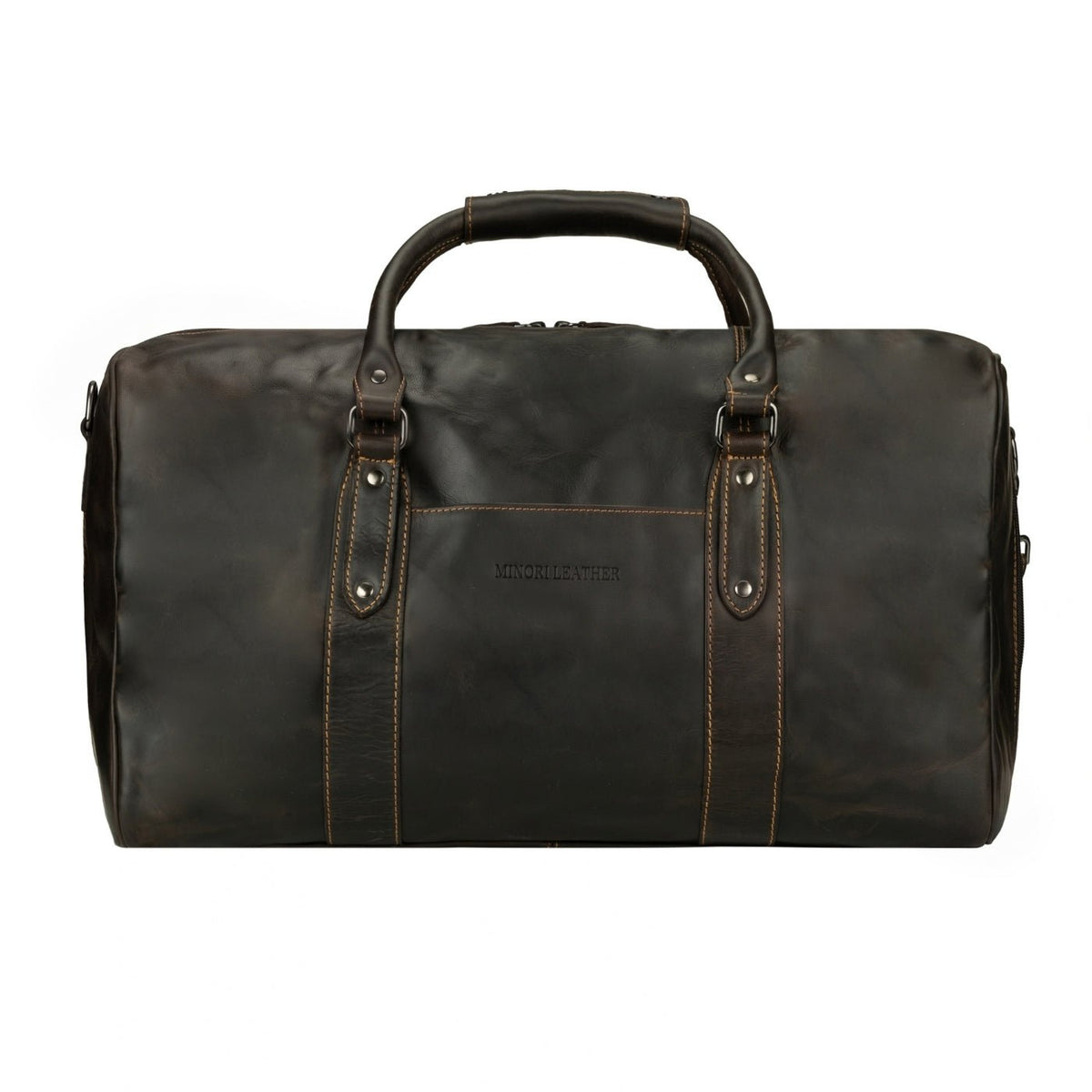 Minori Leather Riley brown leather duffle bag with sturdy handles and spacious interior, perfect for travel and weekend trips.
