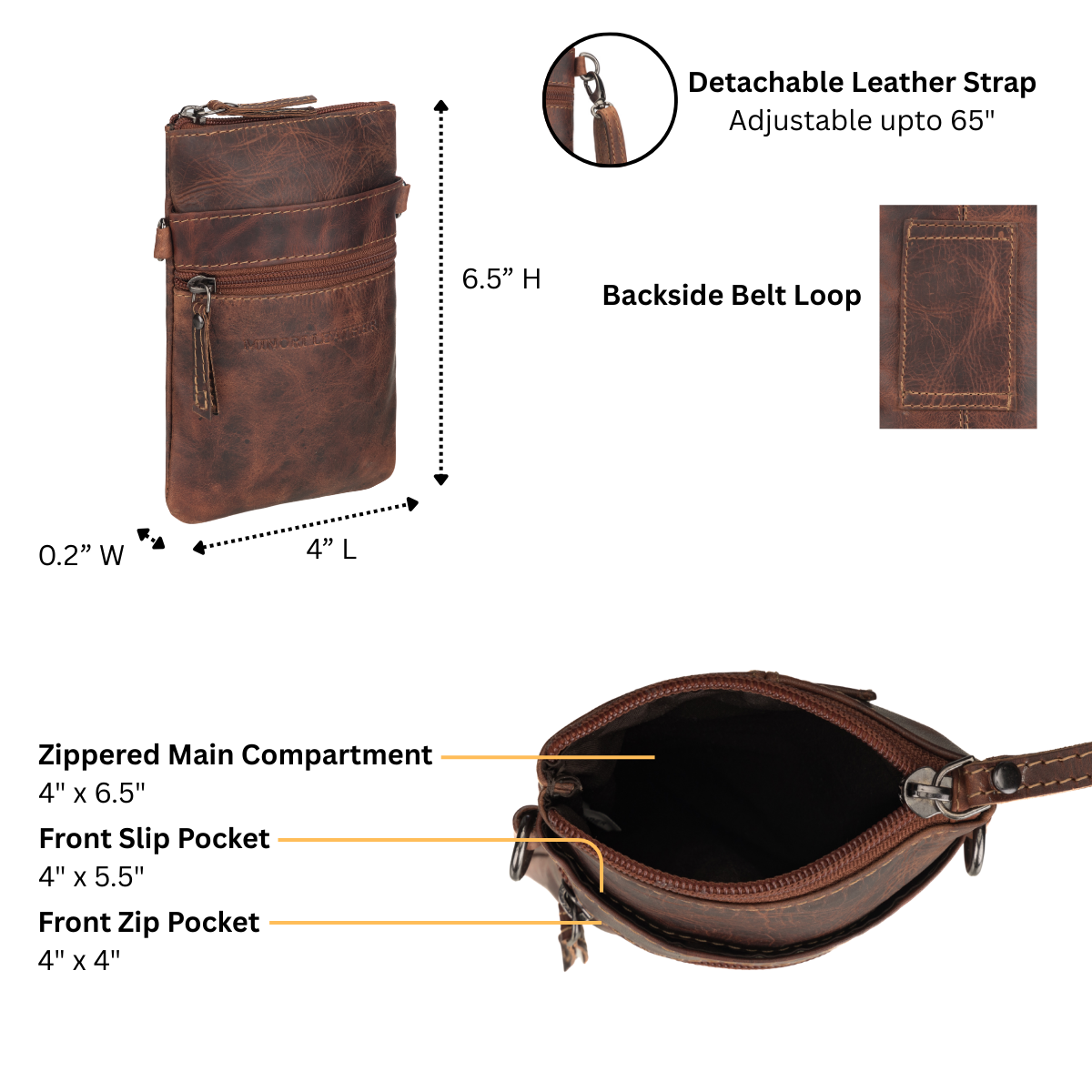 Brown leather pouch with measurements and features on a white background