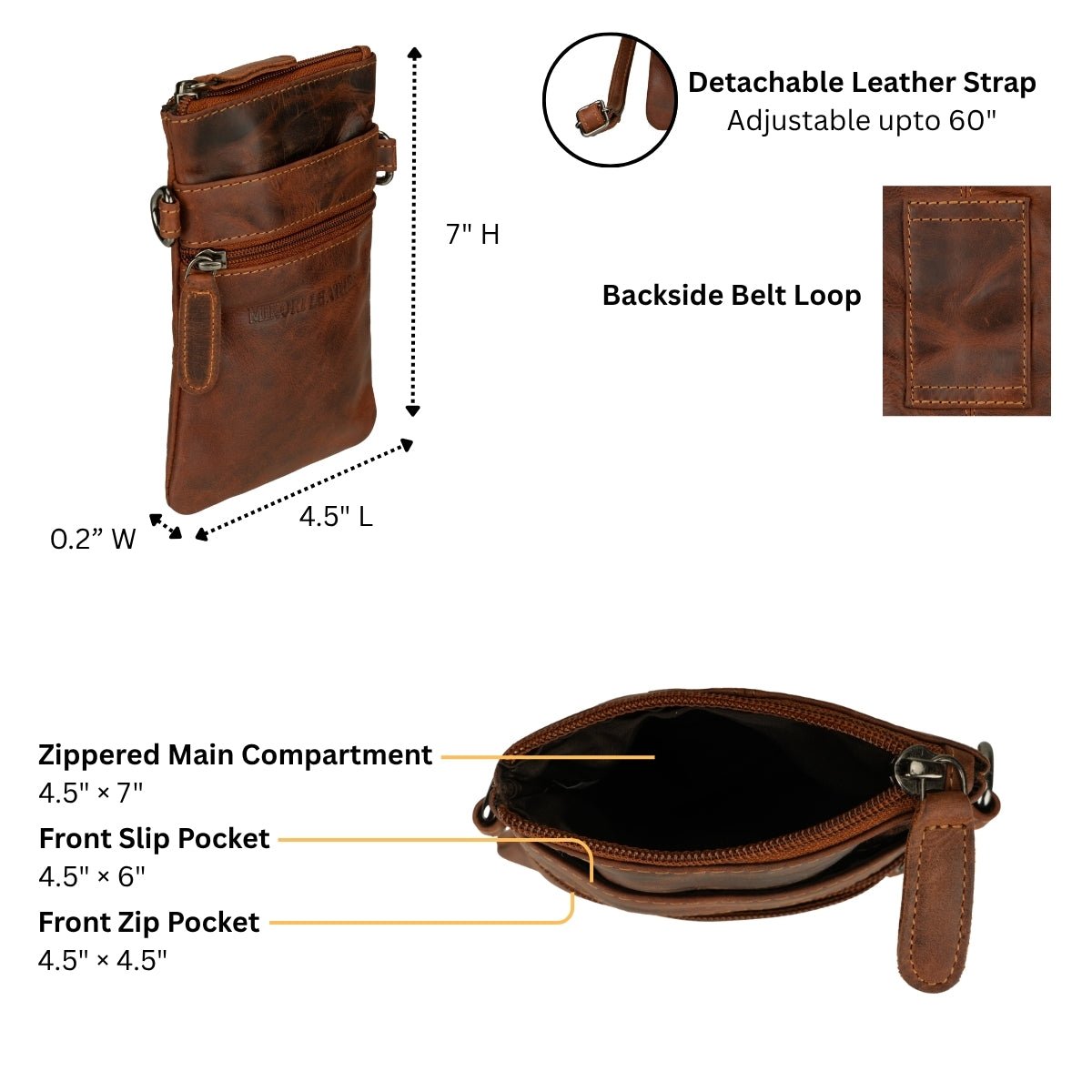 Unisex Ashford Leather Sling Bag by Minori Leather in chestnut with adjustable strap and sleek design.