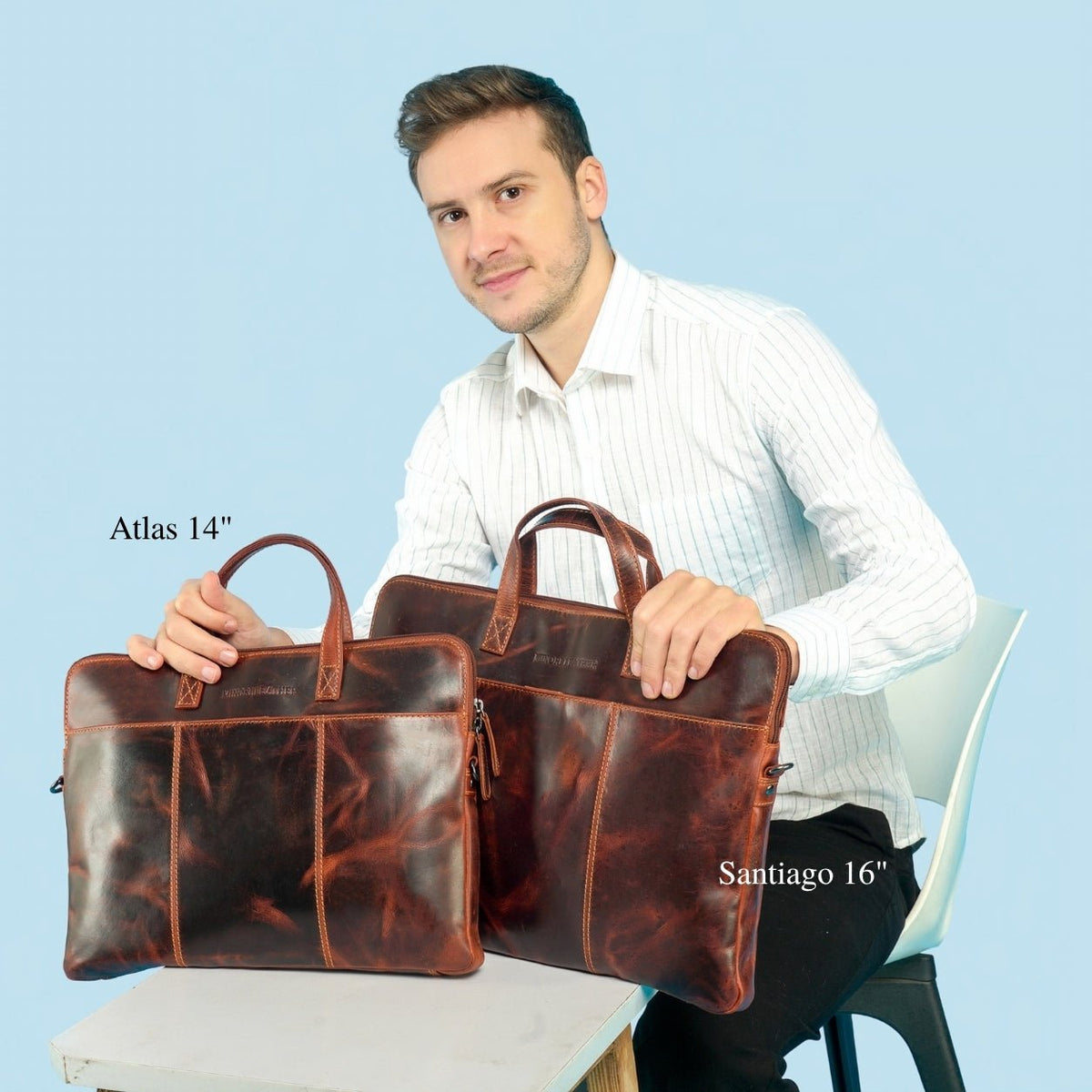 Minori Leather Atlas 14-inch unisex leather laptop sleeve in chestnut, featuring a sleek, durable design with a smooth finish.
