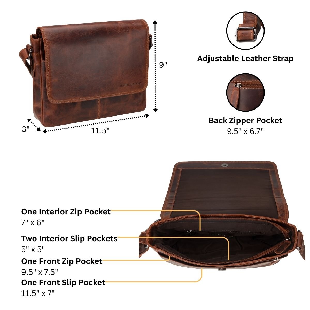 Austin Leather Satchel Bag by Minori Leather, unisex chestnut crossbody bag with adjustable strap and front buckle detail.