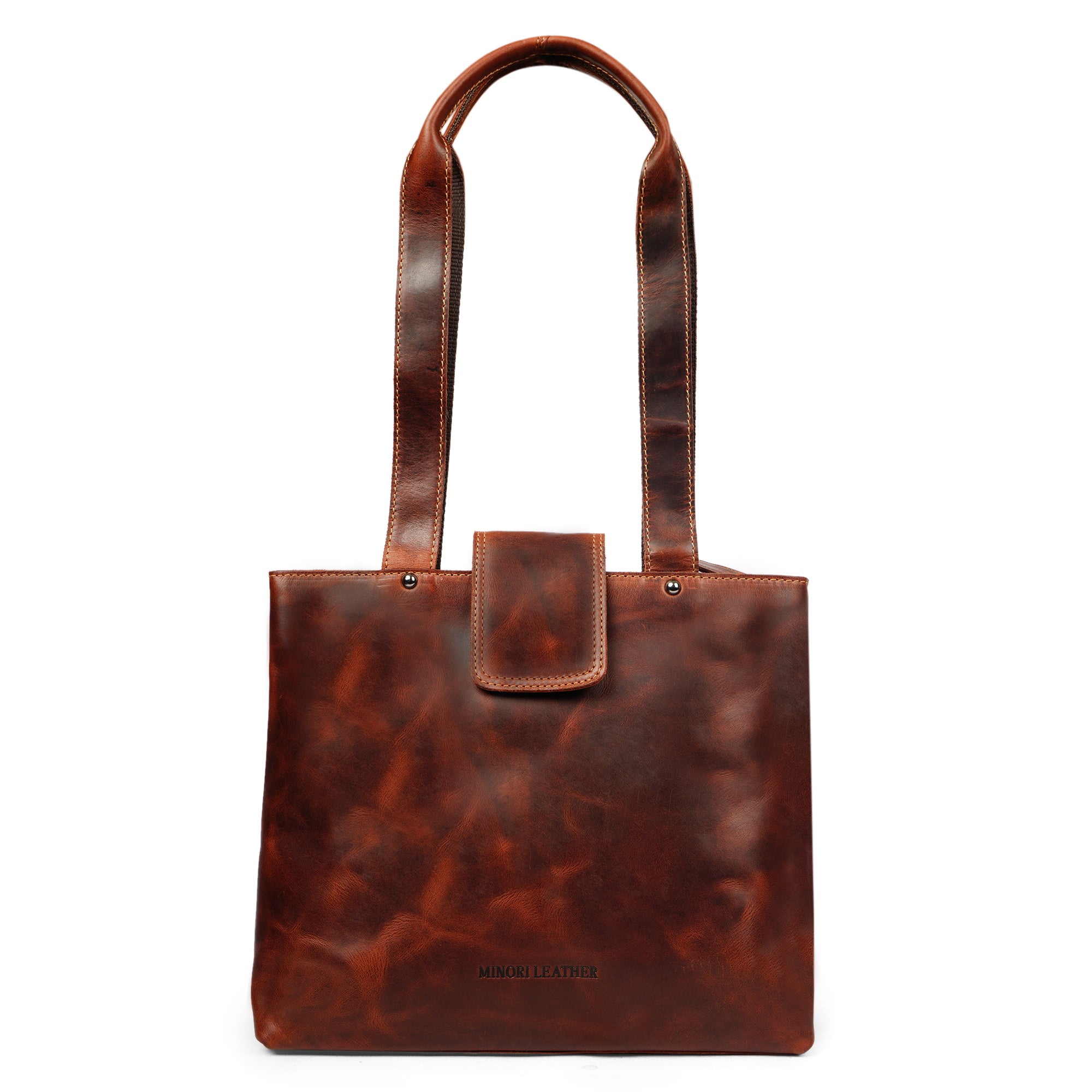 Minori Leather Bennett leather tote bag in chestnut with shoulder strap and spacious interior.