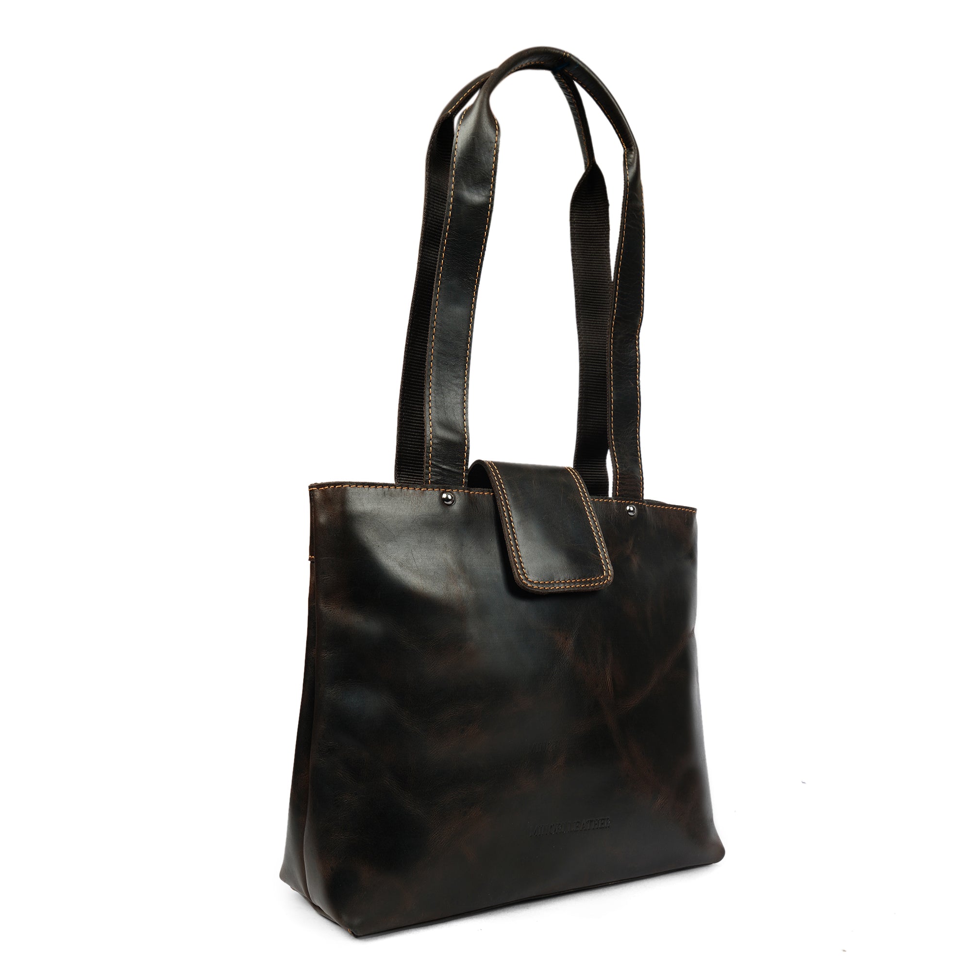 Minori Leather Bennett brown leather tote bag with shoulder straps and spacious interior, stylish and durable for everyday use.