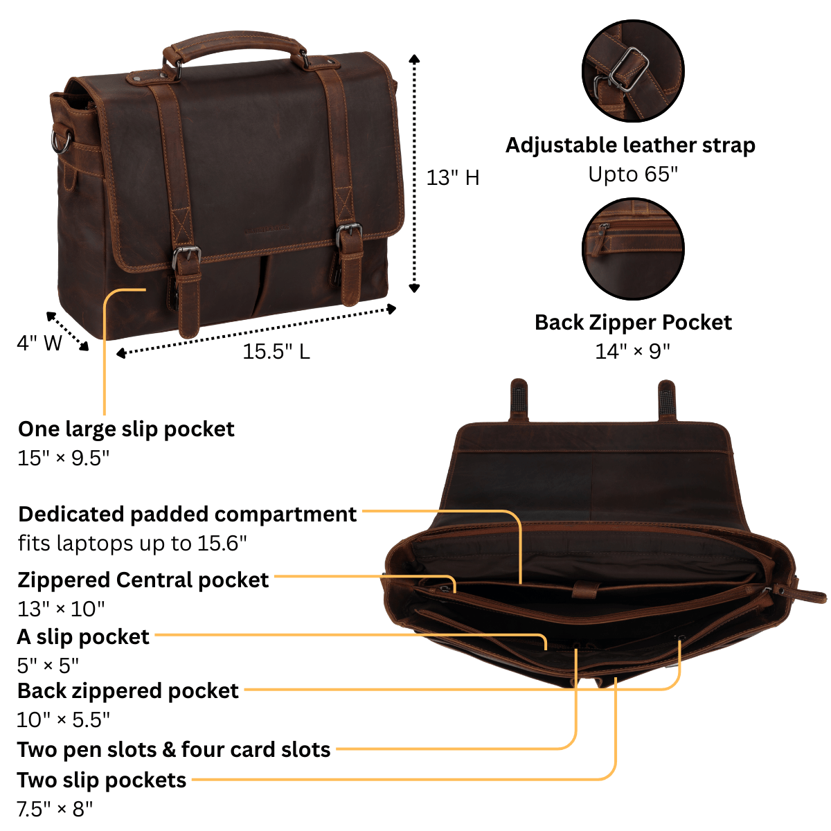 Boston Briefcase 16" Chestnut - Minori Leather