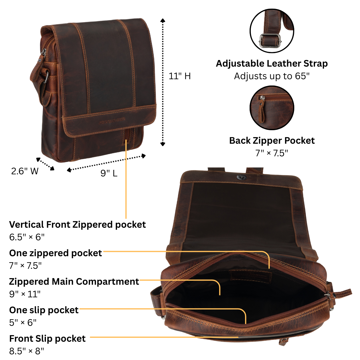 Brown leather bag with measurements and features highlighted on a white background