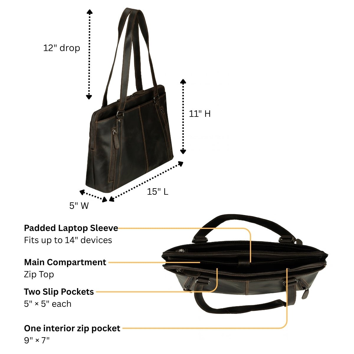 Brown Camille leather laptop tote bag by Minori Leather, showing spacious interior and sturdy handles for everyday use.