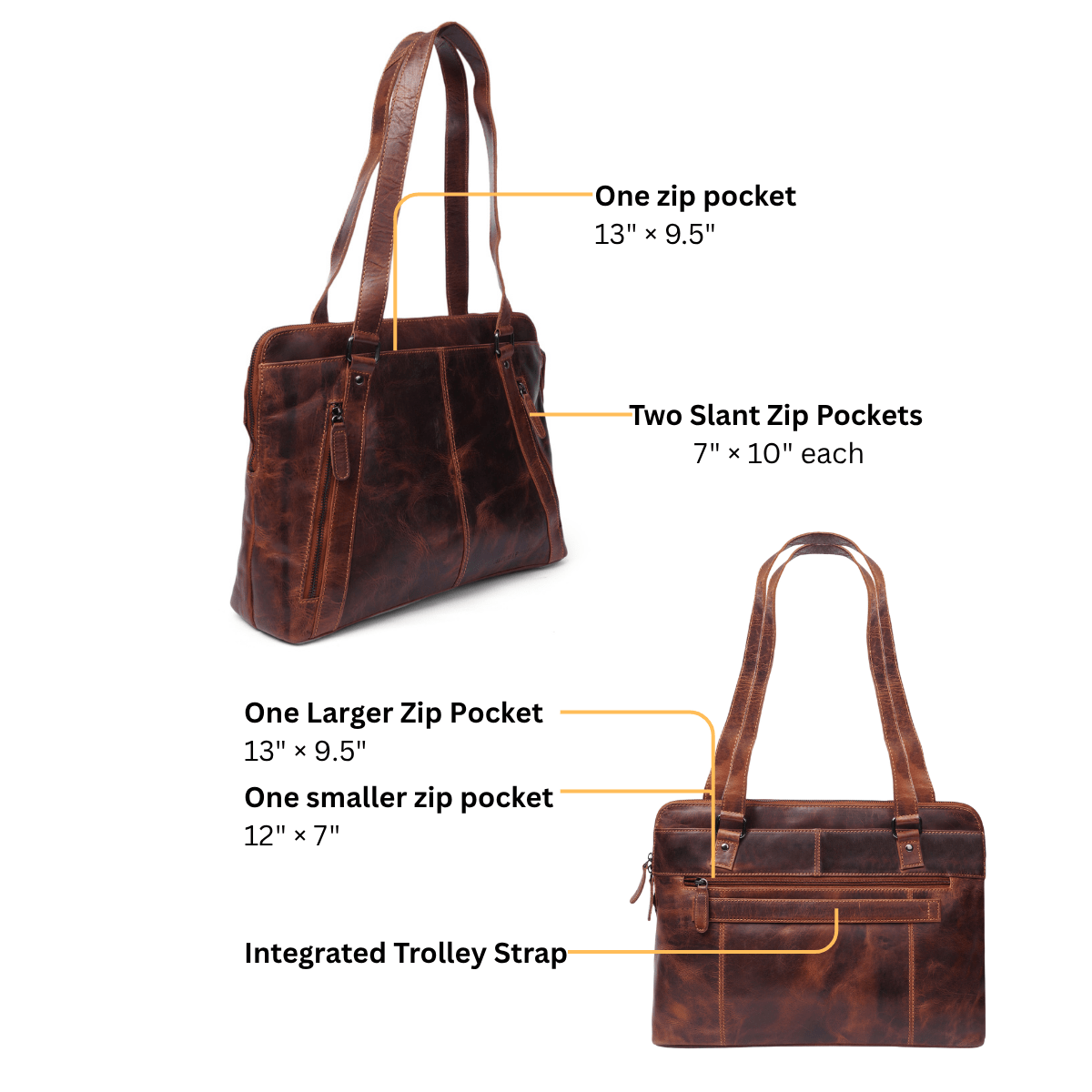 Chestnut Minori Leather Camille laptop tote bag with sturdy handles and spacious interior for carrying laptops and essentials.