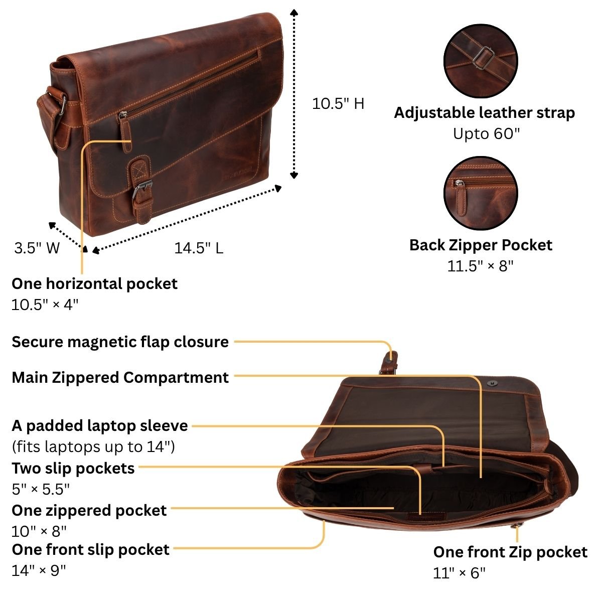 Premium Leather Laptop Bag 14" – Chicago – Chestnut - Minori Leather
