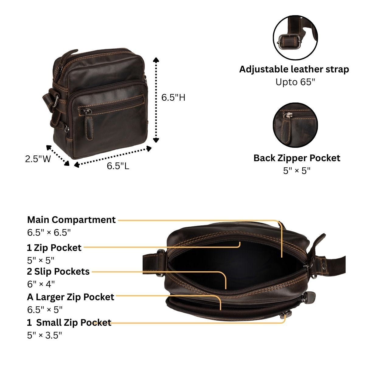 Brown Cove Leather crossbody bag by Minori Leather showing adjustable strap and spacious interior.