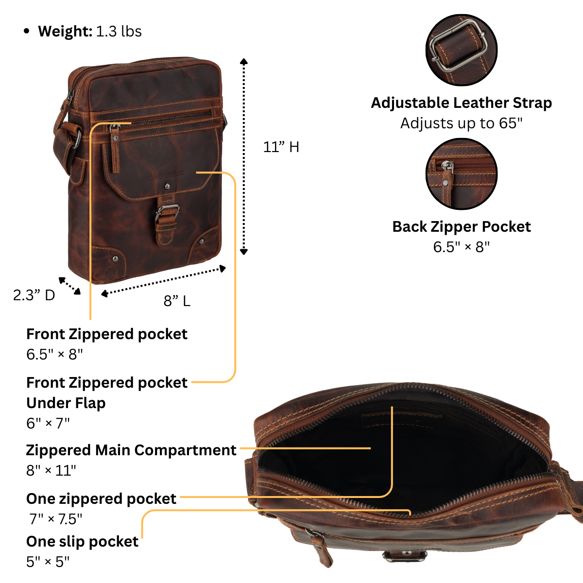 Brown leather bag with measurements and features highlighted on a white background