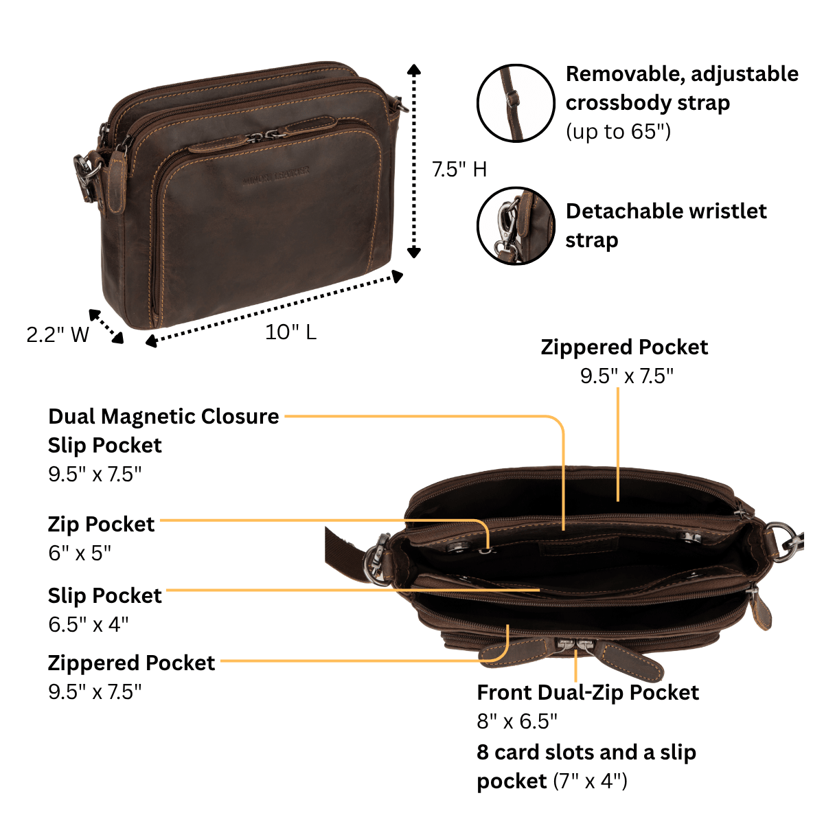 Minori Leather Ellis brown leather crossbody bag with adjustable strap and sleek design, perfect for everyday use.