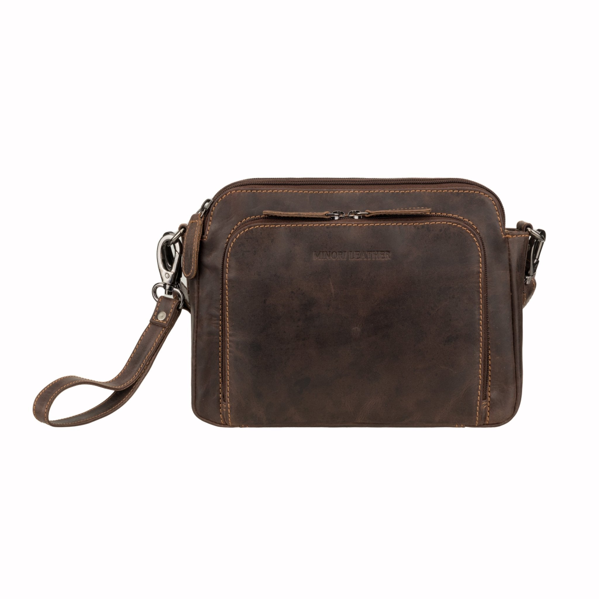 Minori Leather Ellis brown leather crossbody bag with adjustable strap and sleek design, perfect for everyday use.