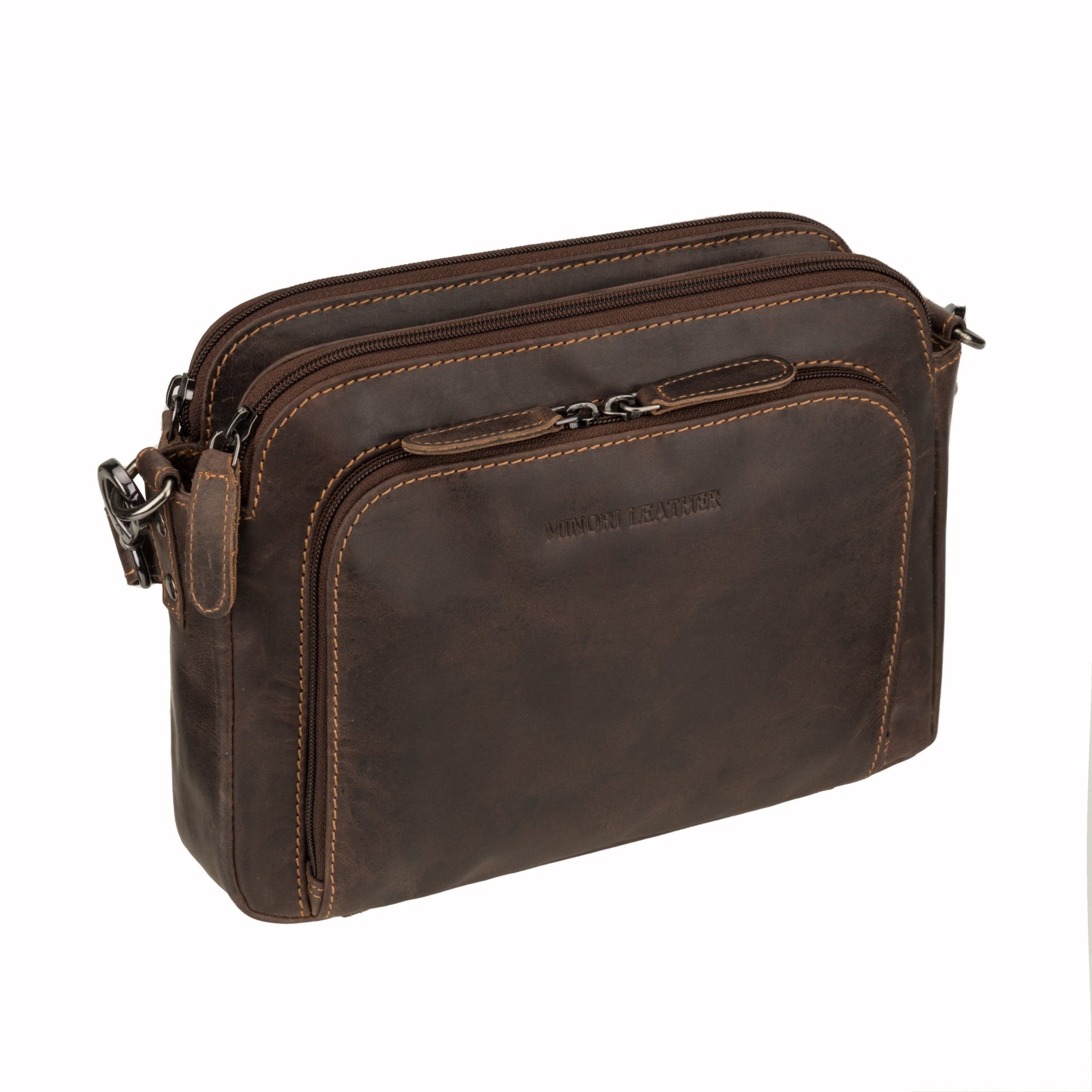 Minori Leather Ellis brown leather crossbody bag with adjustable strap and sleek design, perfect for everyday use.