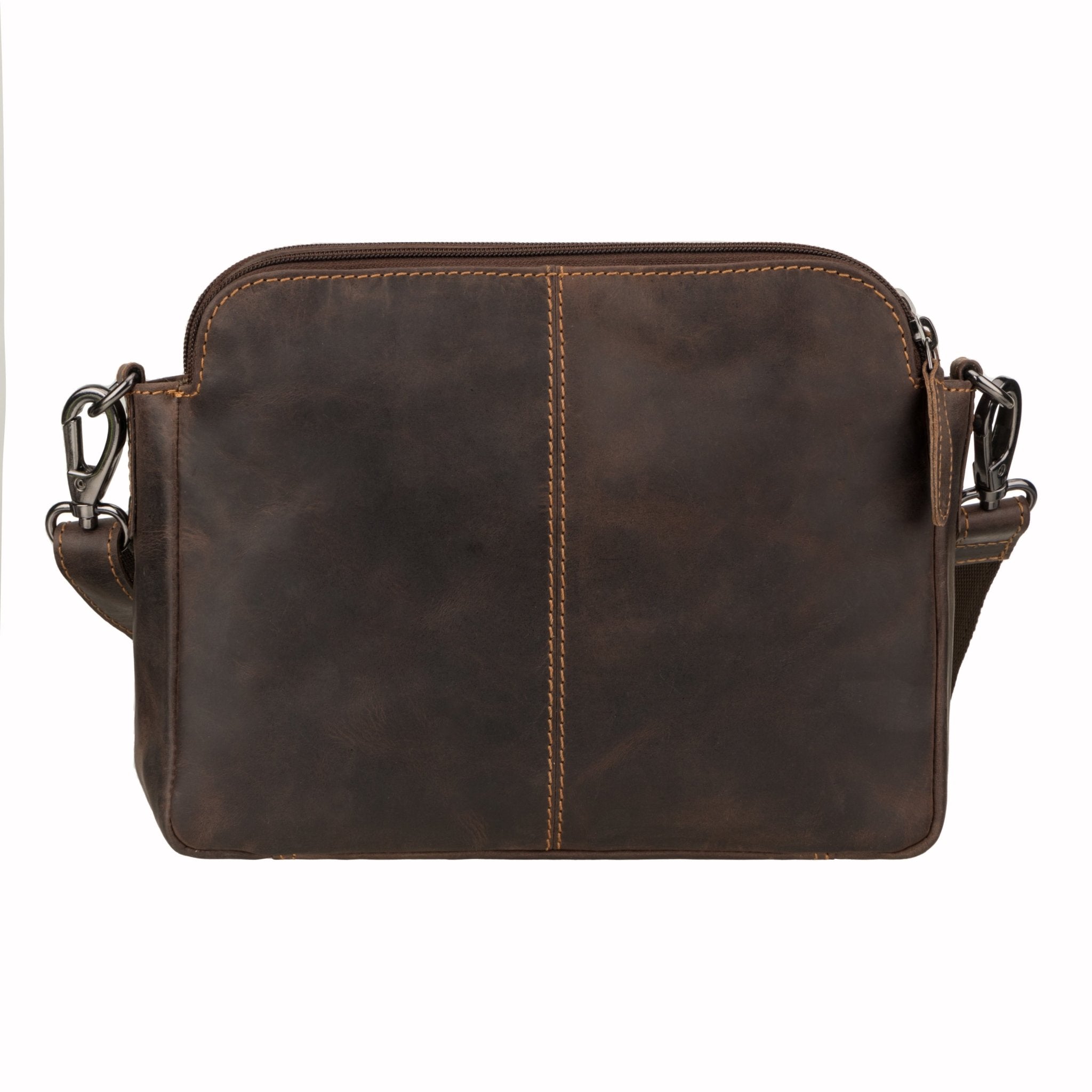 Minori Leather Ellis brown leather crossbody bag with adjustable strap and minimalist design.
