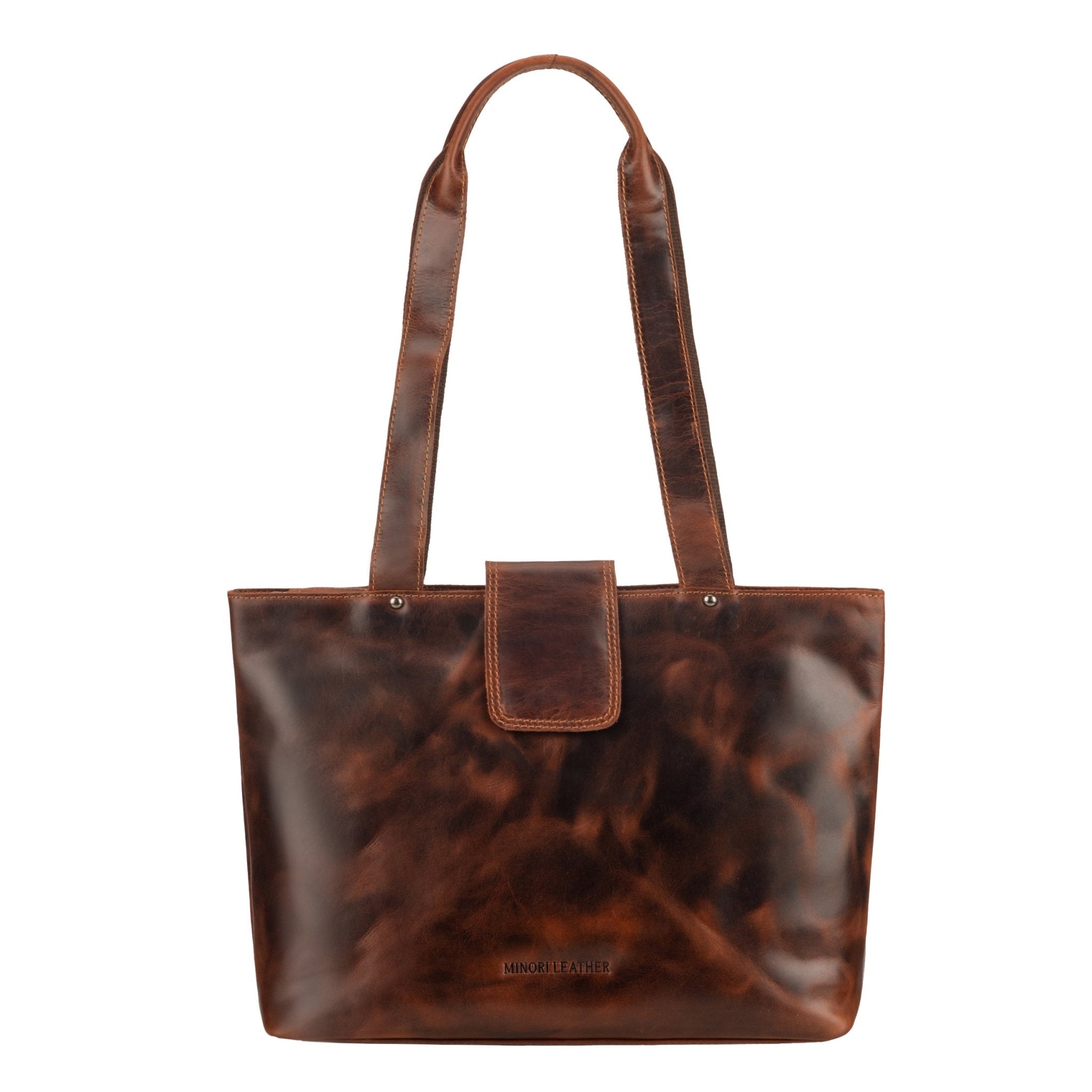 Minori Leather Everett shoulder tote bag made of full-grain chestnut leather, featuring a spacious design and sturdy handles.
