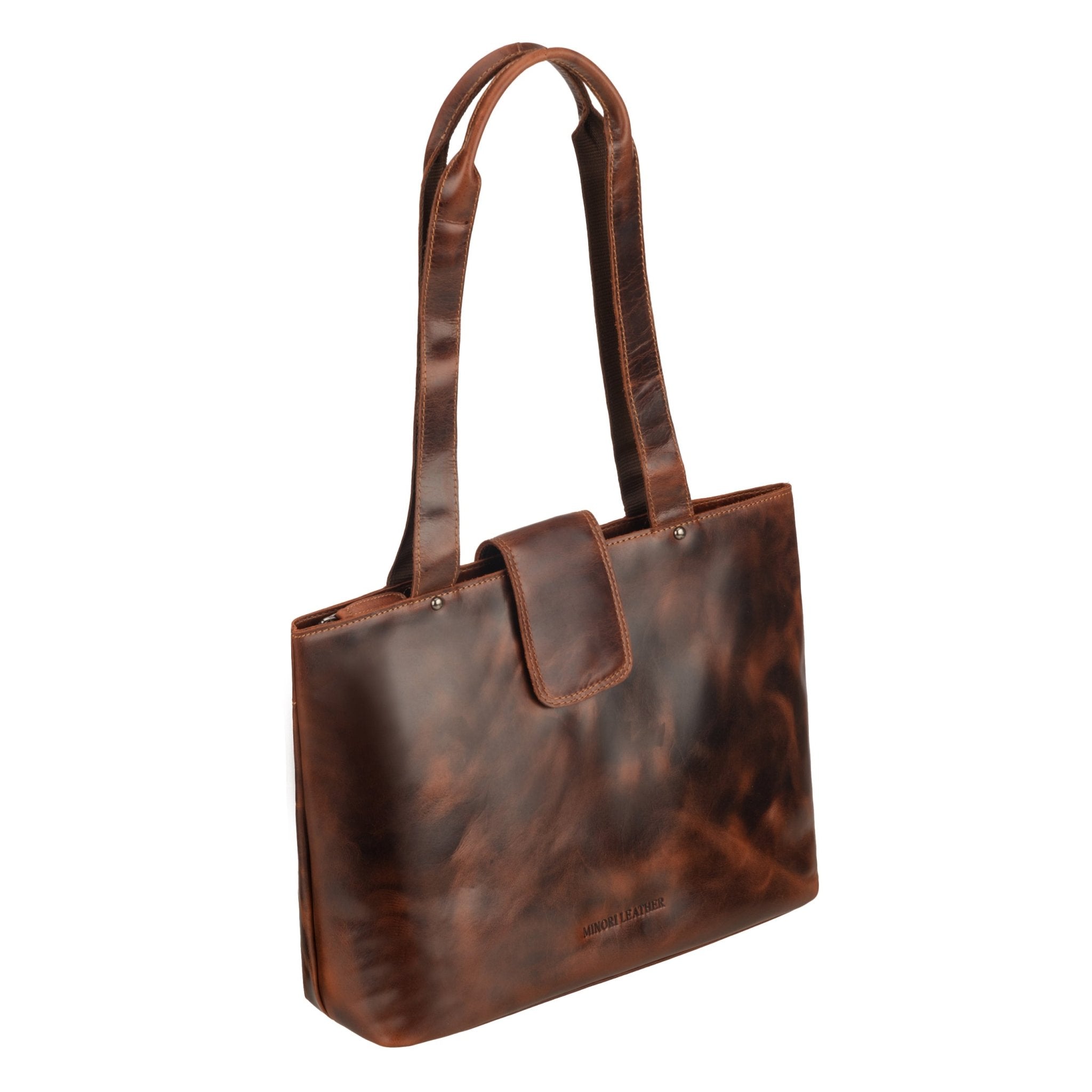 Minori Leather Everett leather tote bag in chestnut with sturdy shoulder straps and spacious interior, full-grain leather finish.
