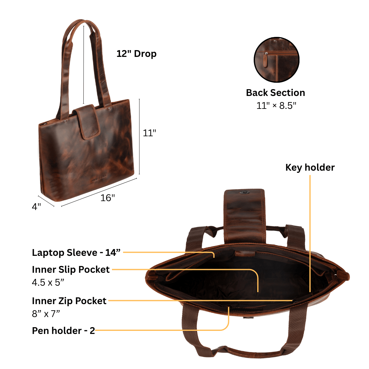 Minori Leather Everett shoulder tote bag in chestnut full-grain leather with sturdy handles and spacious interior.