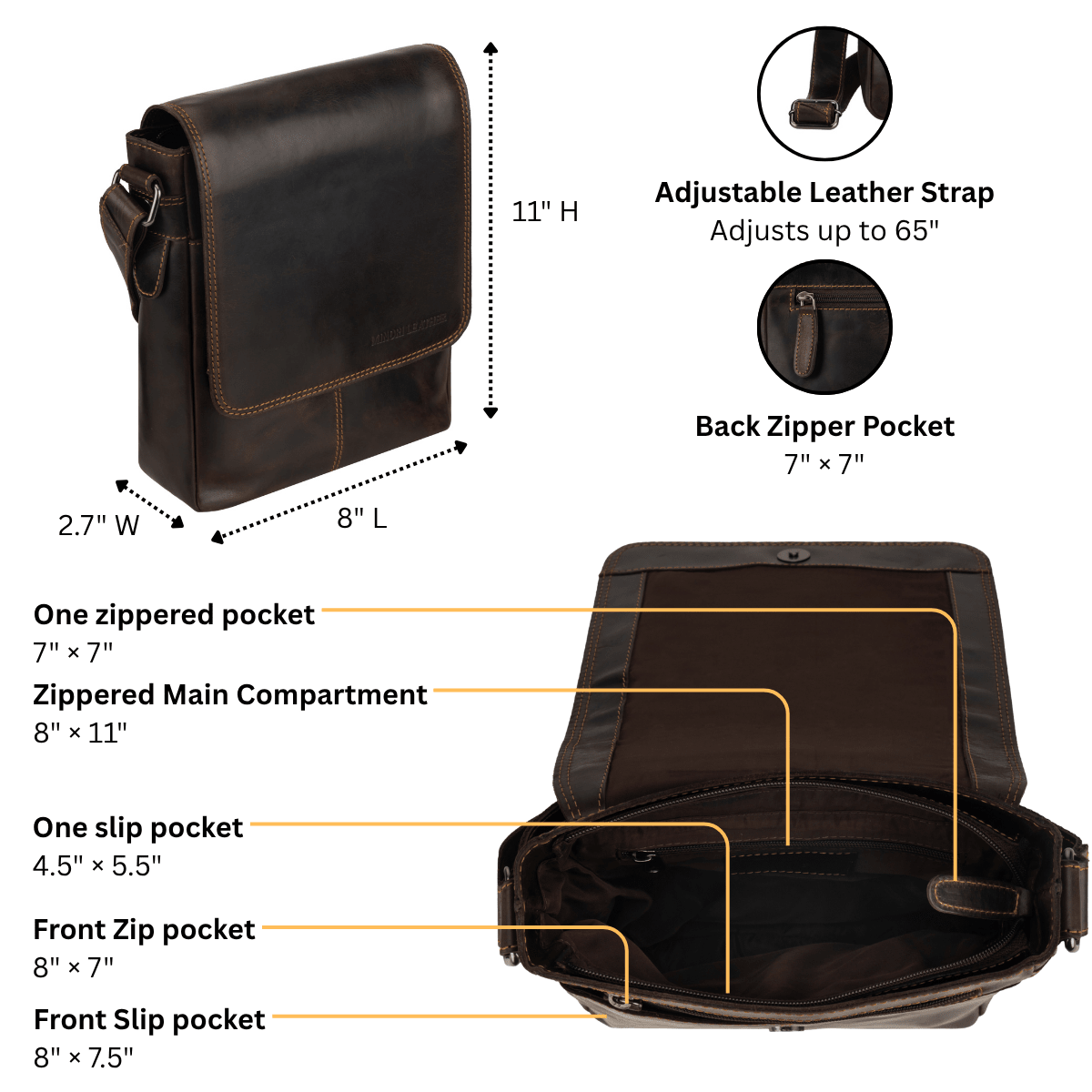 Brown Halifax leather crossbody bag by Minori Leather with adjustable strap and sleek design.