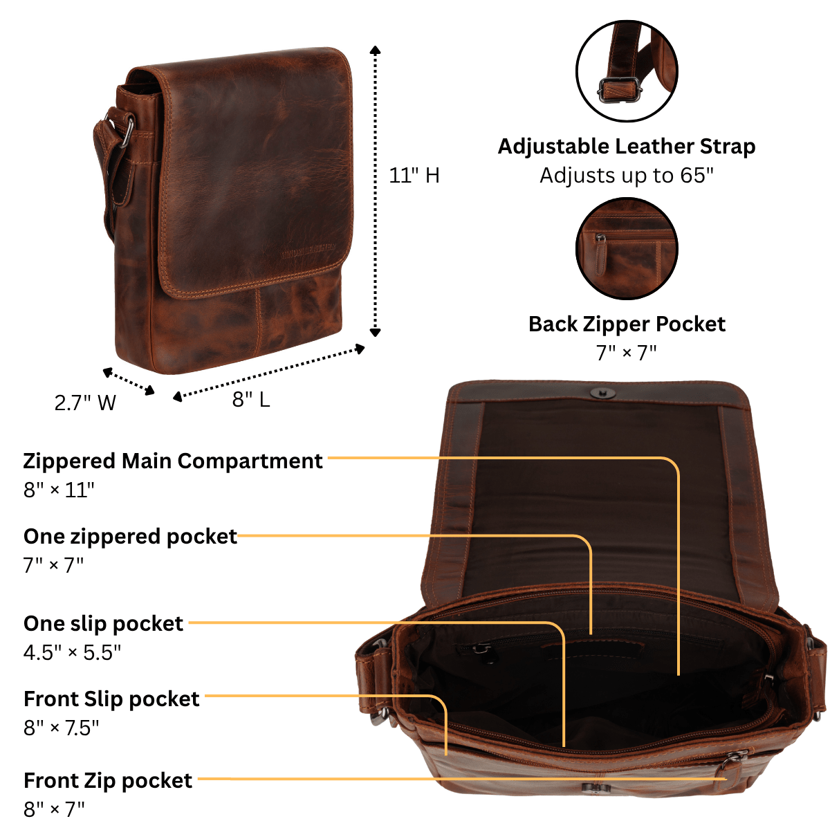 Minori Leather Halifax leather crossbody bag in chestnut color with adjustable strap and gold-tone hardware.